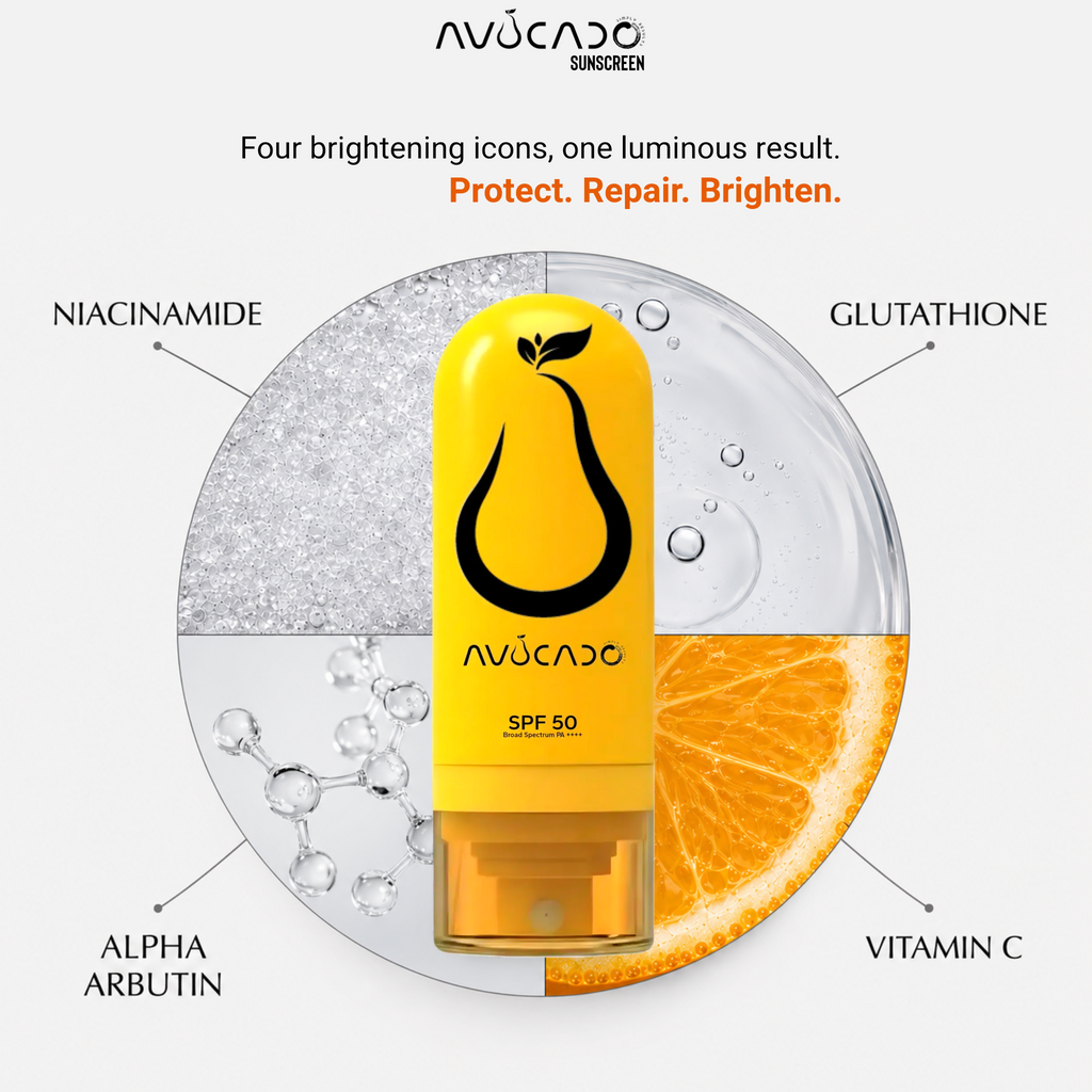 AVOCADO - Next Gen Sunscreen SPF 50 PA ++++ | Glutathione |  Vitamin C | Vitamin B3 | Alpha Arbutin | Salicylic Acid| Shea Butter | Uvinul T150 | Tinosorb M | Acne Prone | Oily/Normal - Dry Skin | Brightens and Rejuvenates Skin | Water Resistant