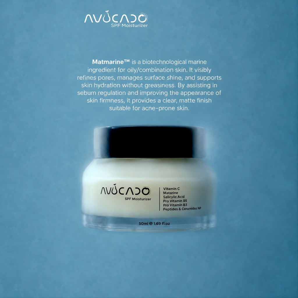 AVOCADO - New Moisturizer with SPF | Matmarine™ | Vitamin C | Pro Vitamin B5 | Peptides & Ceramides NP | Pro Vitamin B3 | Brightening | UV | Reduces Acne Breakouts | Barrier Repair | Sebum/ Oil Reduction | Non Greasy | Velvet Mattifying Finish.